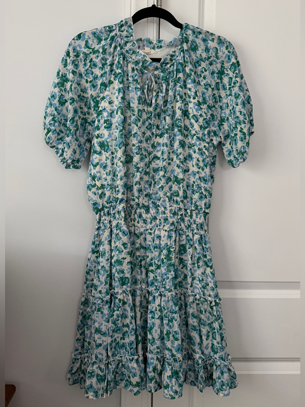 Entro Floral Tie-Neck Smocked Waist Dress — Blue & Green Print